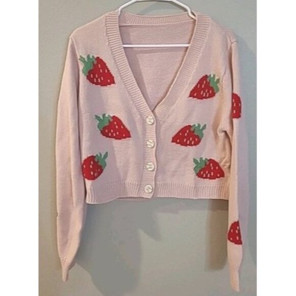 Temu Women's Pink Strawberry Cardigan Sweater S Coquette Girly Buttons - Picture 1 of 8